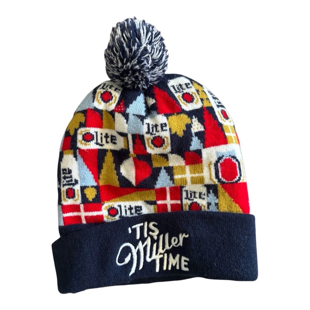 Miller Lite 'Tis Miller Time Geometric Beanie Winter Hat Pom Pom